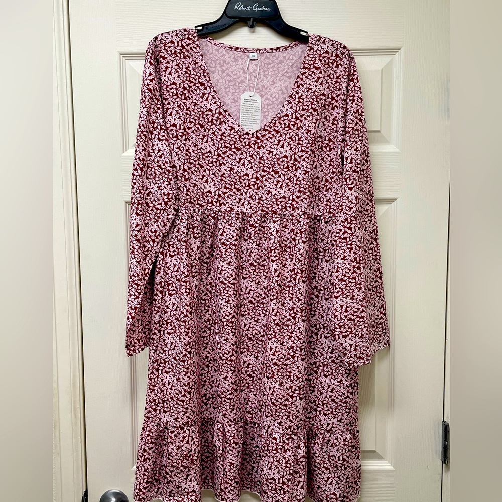 Tiered burgundy floral dress, size XL
